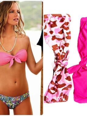 2 Victoria's Secret Tie-Front Bandeau Bikini Tops Pink & Pink multicolor Camo